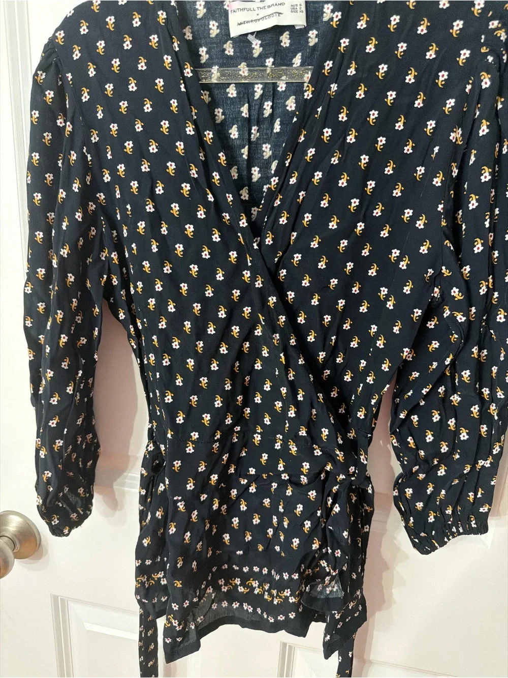 Faithfull the Brand Black Floral Wrap Blouse with Tie Waist